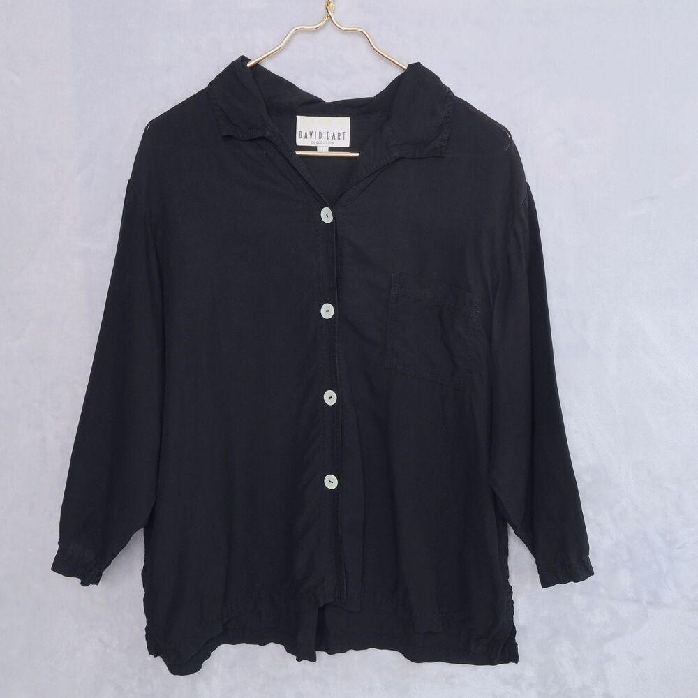 Vintage DAVID DART Black Button Up Shirt Size L 3/4 Sleeve Lagenlook Linen Blend